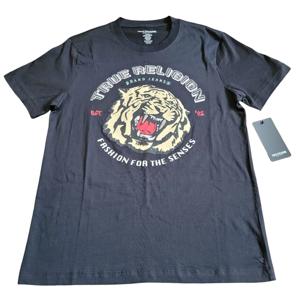 NEW True Religion Black Crew Neck Tee Shirt Tiger Bling Graphic Size M